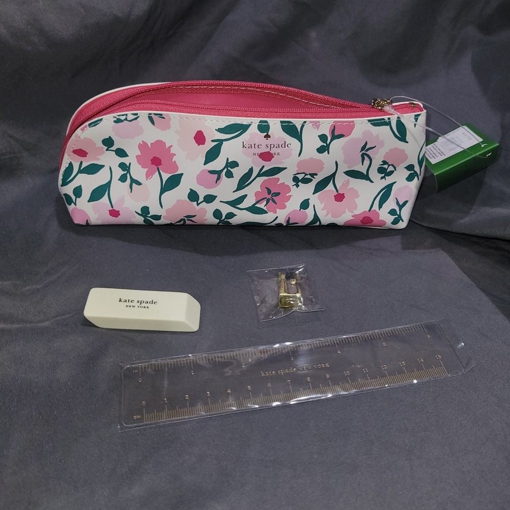 Kate Spade New York Floral Pencil Case Set with Ruler Eraser Sharpener NWT